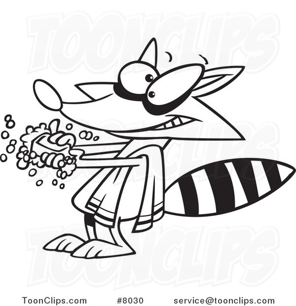 581x600 Cartoon Black And White Line Drawing Of A Raccoon Washing His