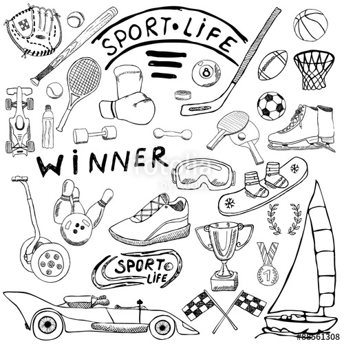 500x500 Sport Life Sketch Doodles Elements. Hand Drawn Set With Baseball