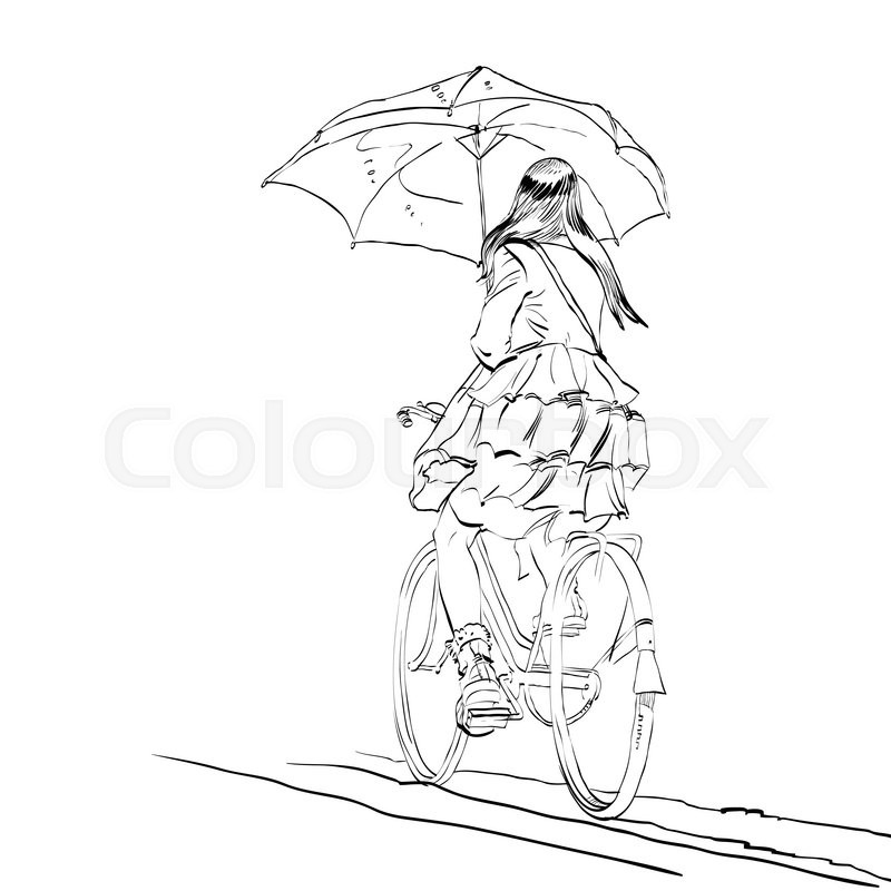 800x800 Girl On Bike With Umbrella Autumn Rain Hands Drawn Vector