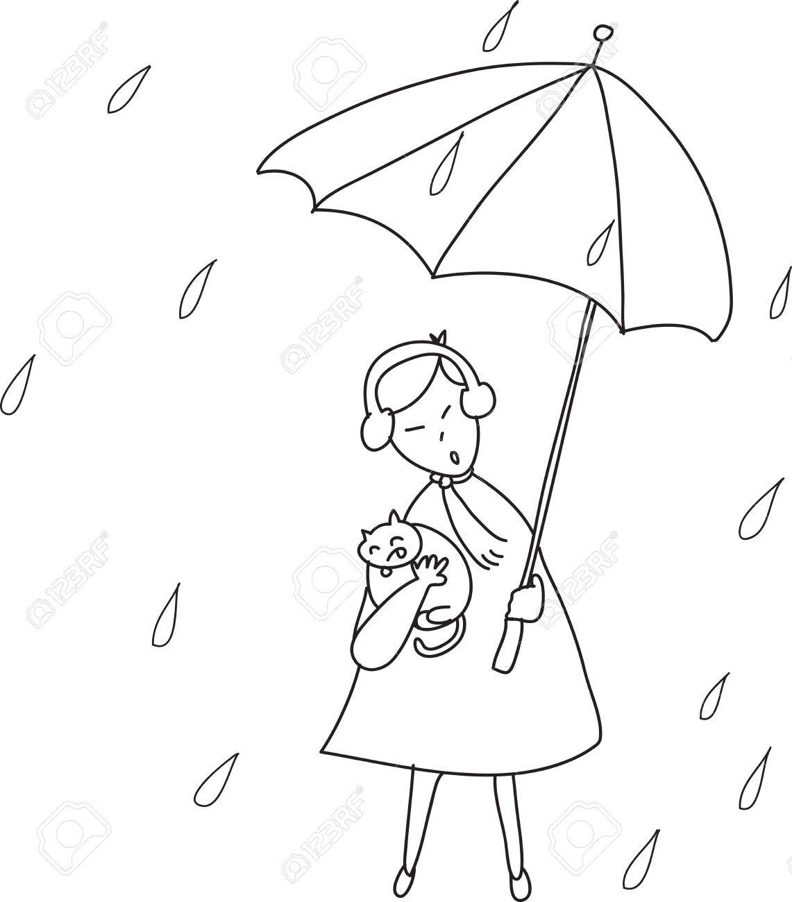 1141x1300 Freehand Sketch Cartoon Girl Relaxing Under The Rain Illustration