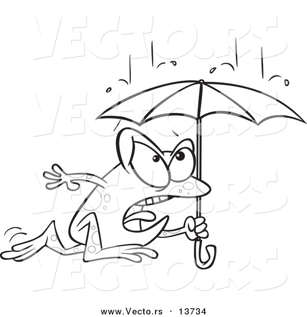 600x620 Vector Of A Cartoon Frog Dashing Through The Rain With An Umbrella