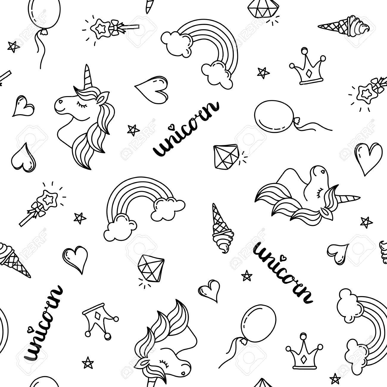 1300x1300 Unicorn, Rainbow And Hearts Seamless Pattern Hand Drawing Black