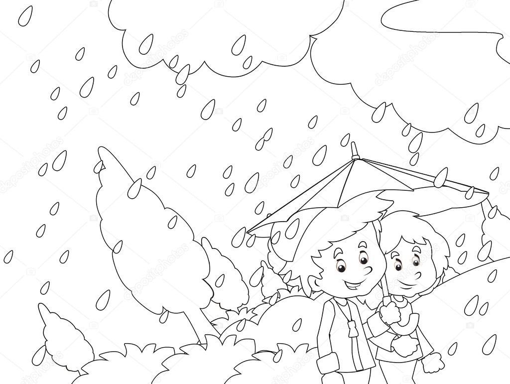 1024x771 The Rainy Day In Autumn Coloring Page Stock Photo