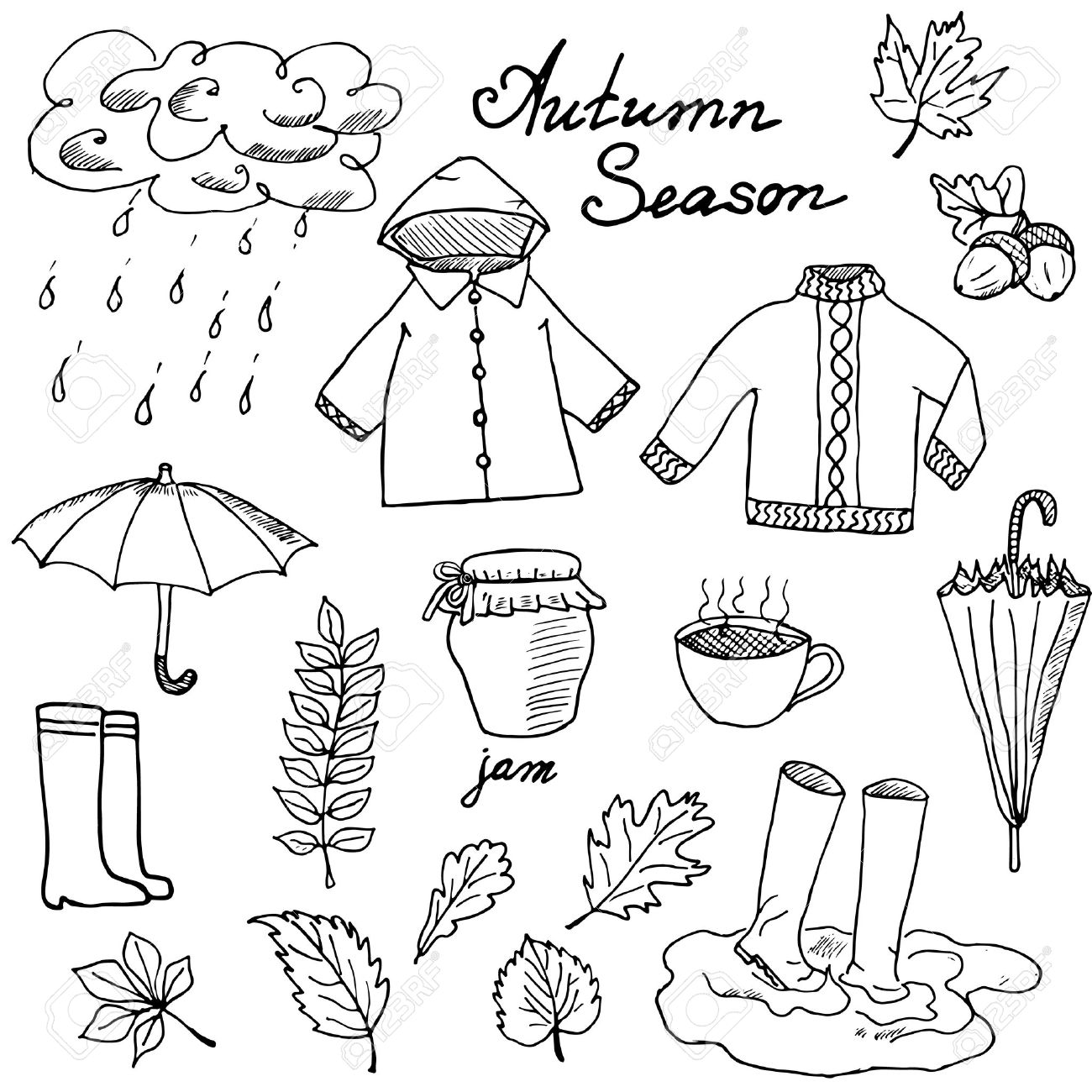 1300x1300 Autumn Season Set Doodles Elements. Hand Drawn Set With Umprella
