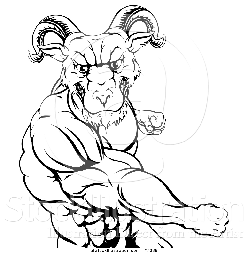 1024x1044 Vector Illustration Of A Black And White Fierce Muscular Ram Man