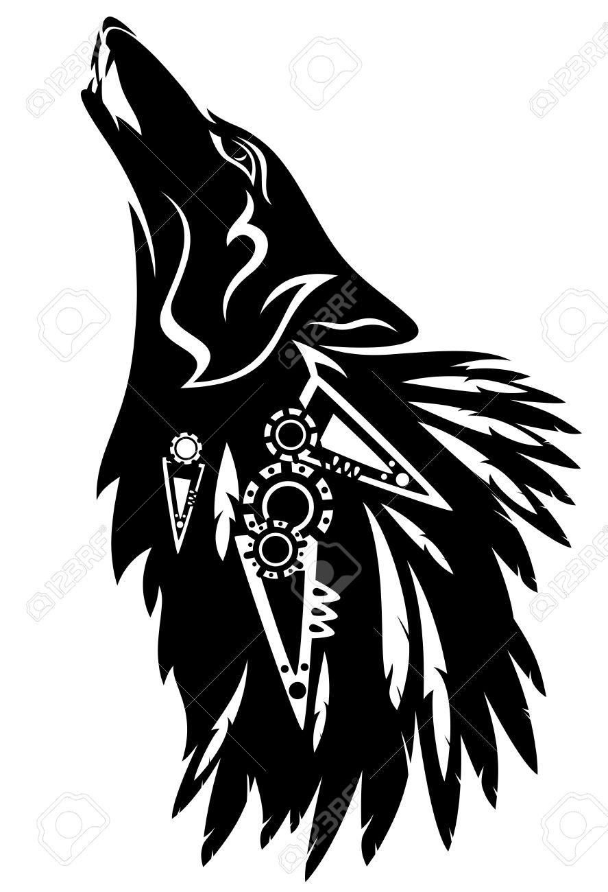 887x1300 Howling Wolf With Traditional North American Indian Feather