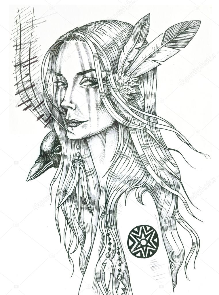 761x1024 Portrait Of Indian Girl With Feathers And Raven On Her Shoulder