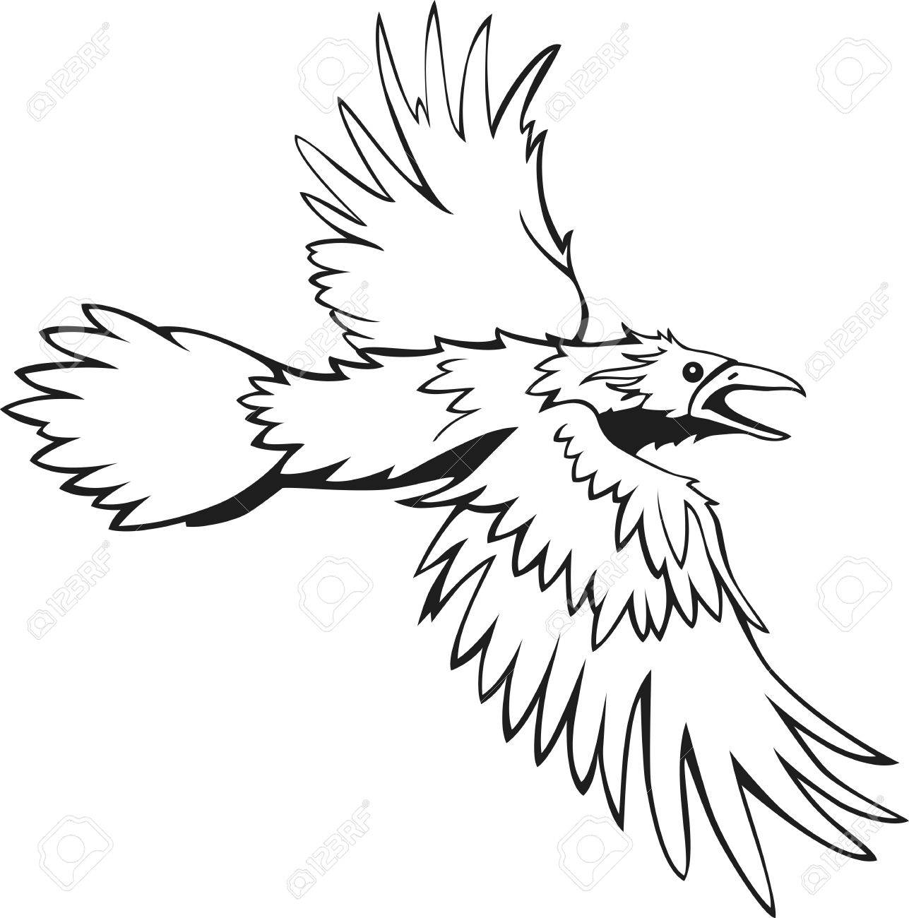 1287x1300 Sketch Of Flying Raven, Black And White, Outline Royalty Free