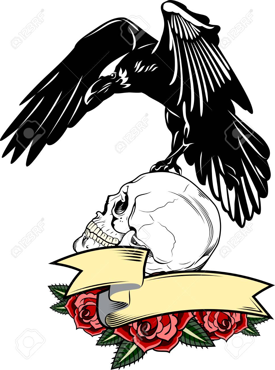 968x1300 Portrait Of A Raven Flying With A Banner, Roses And A Skull