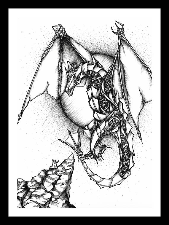 570x759 Mechanical Dragon A4 Ink Drawing. Original Drawing Black
