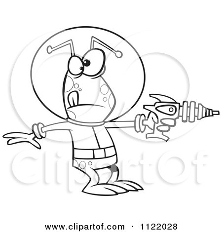 450x470 Cartoon Of An Outlined Alien Invader Pointing A Ray Gun