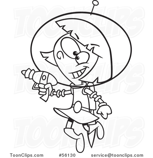 581x600 Outline Cartoon Little Space Girl Flying And Holding A Ray Gun