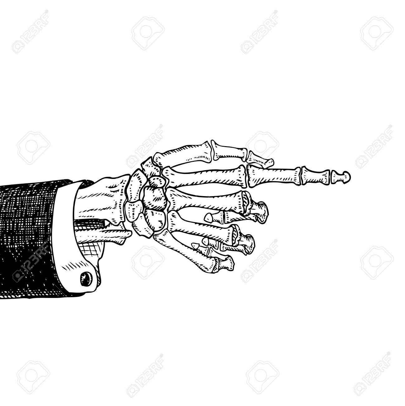 1299x1300 Scary Skeleton Hand Pointing, Hand Drawn Sketch, Black And White