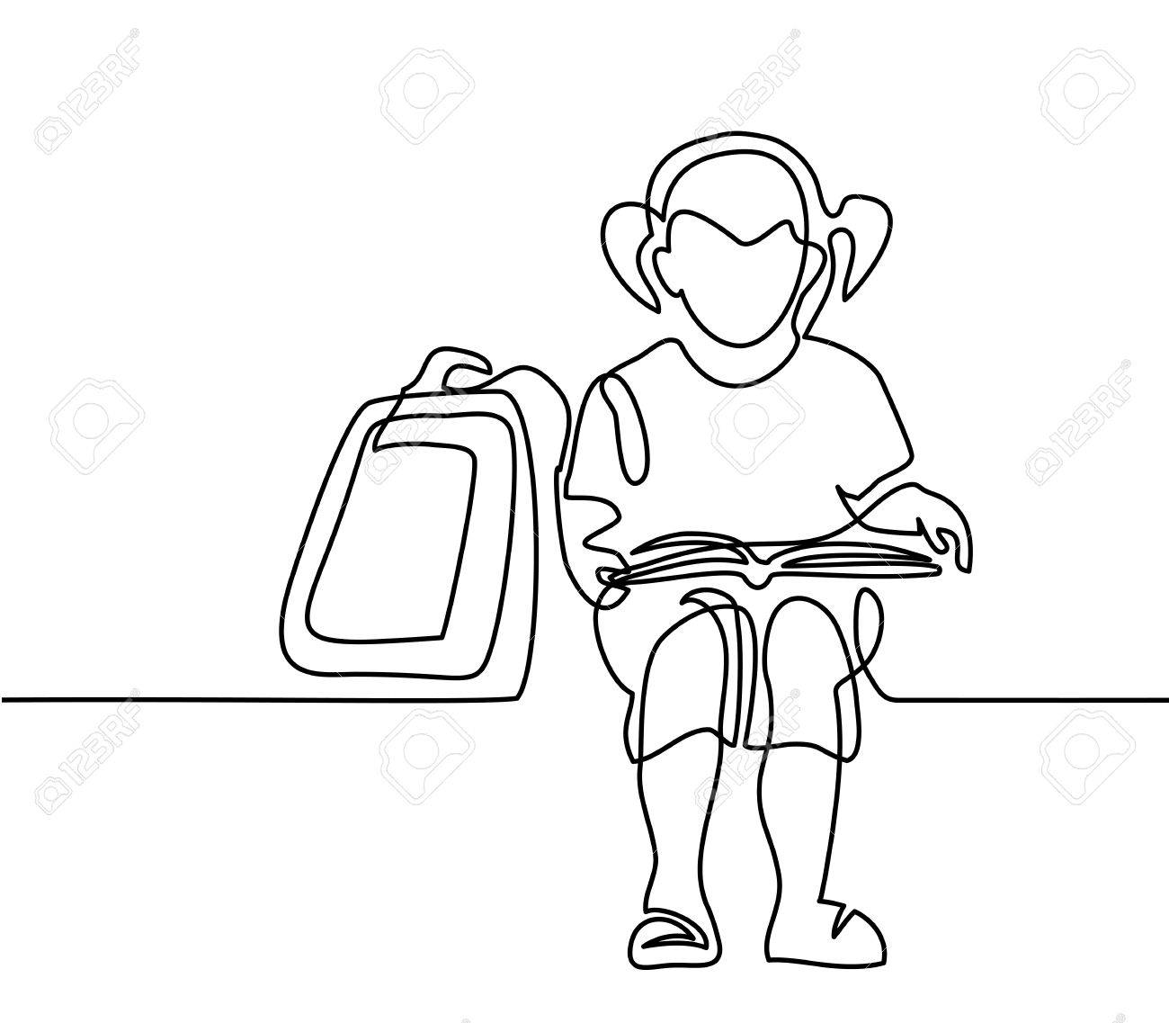 1300x1137 Girl Reading Book. Back To School Concept. Continuous Line Drawing