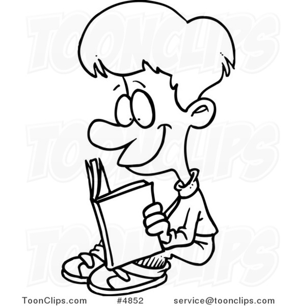 581x600 Cartoon Black And White Line Drawing Of A Happy Boy Reading