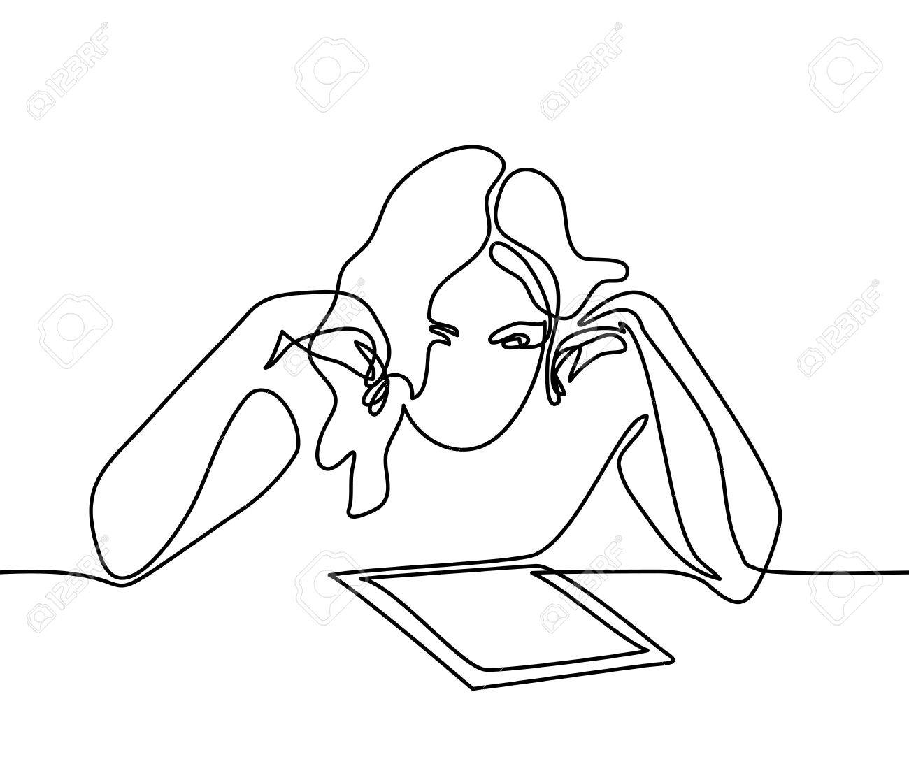 1300x1083 Continuous Line Drawing. Young Woman Reading Book. Vector