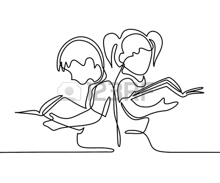 450x375 Kids Reading Books. Back To School Concept. Continuous Line