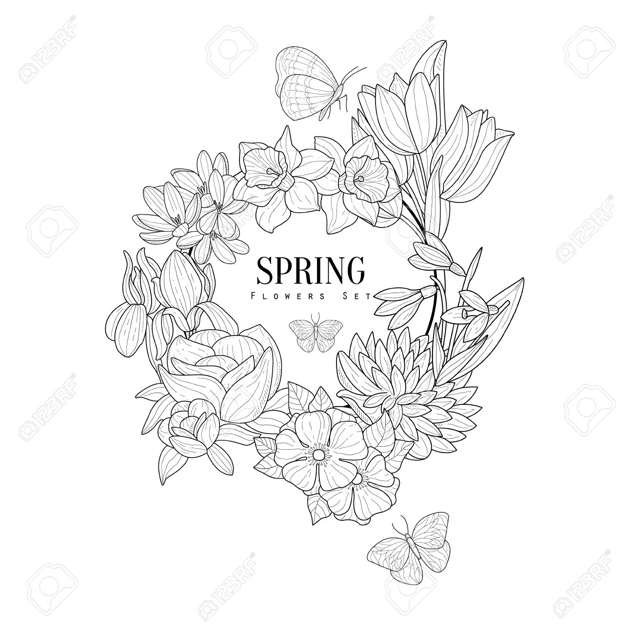 1300x1300 Wrath Of Spring Flowers Hand Drawn Realistic Sketch. Artistic