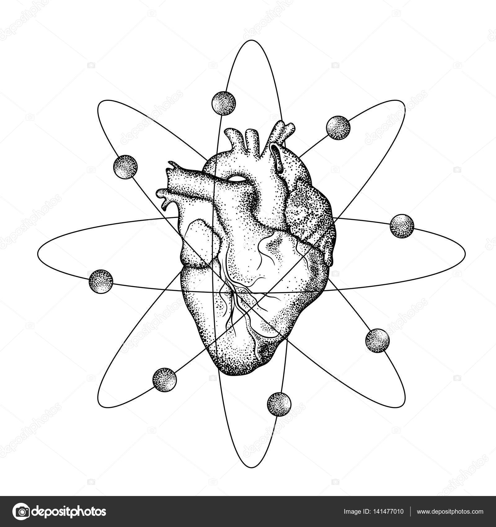 1600x1700 Realistic Human Heart With Wings Like Atom With Electrons. Tatto