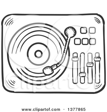 450x470 Clipart Of A Black And White Sketched Vinyl Record Player