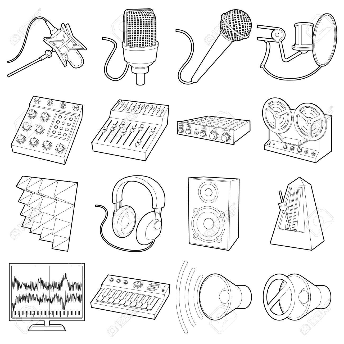 1300x1300 Recording Studio Symbols Icons Set, Outline Style Royalty Free