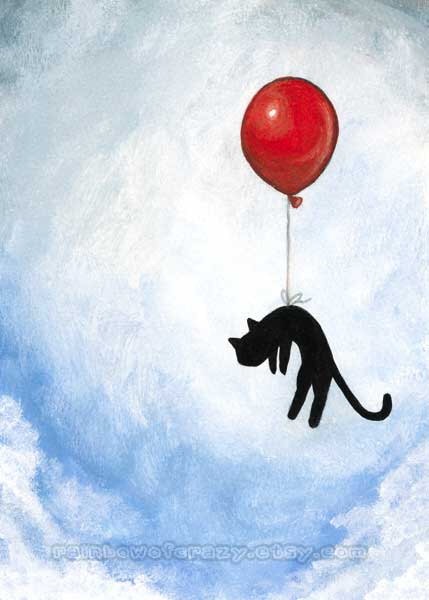 429x600 Black Cat Print, Red Balloon, Blue Sky, 5x7 Wall Art, Nursery Room