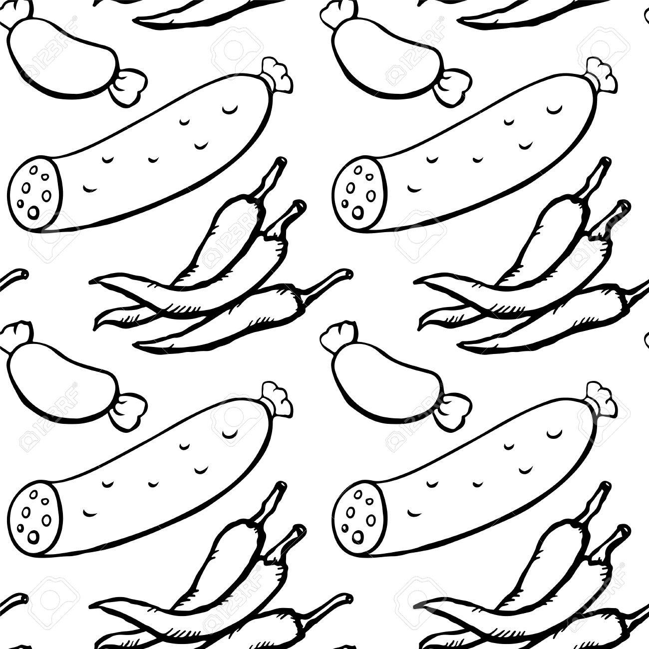 1300x1300 Seamless Pattern With Sausages And Red Hot Chili Peppers Royalty