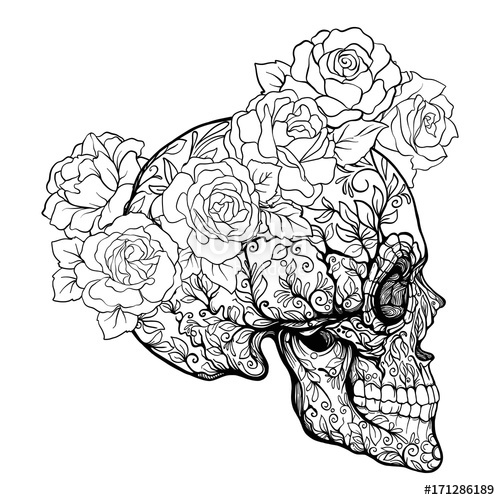 500x500 Sugar Skull With Decorative Pattern And A Wreath Of Red Roses