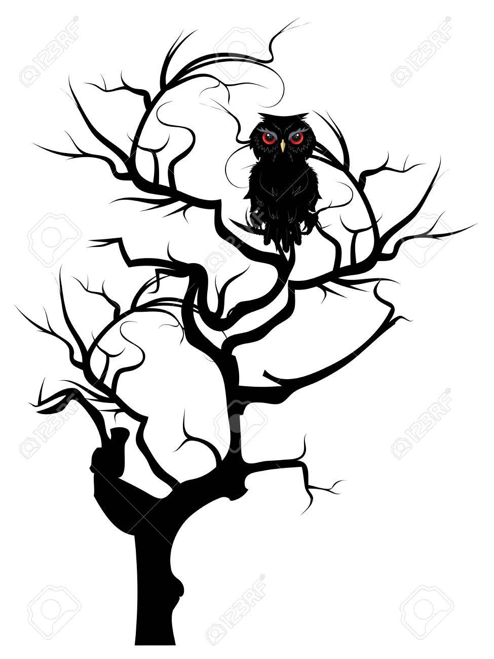 975x1300 Cartoon Black Owl With Red Eyes, Detailed Silhouette. Royalty Free