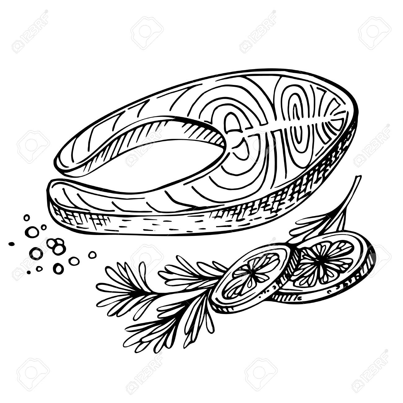1300x1300 Steak Of Red Fish, Salmon, With Lemon And Herbs. Sketch Seafood