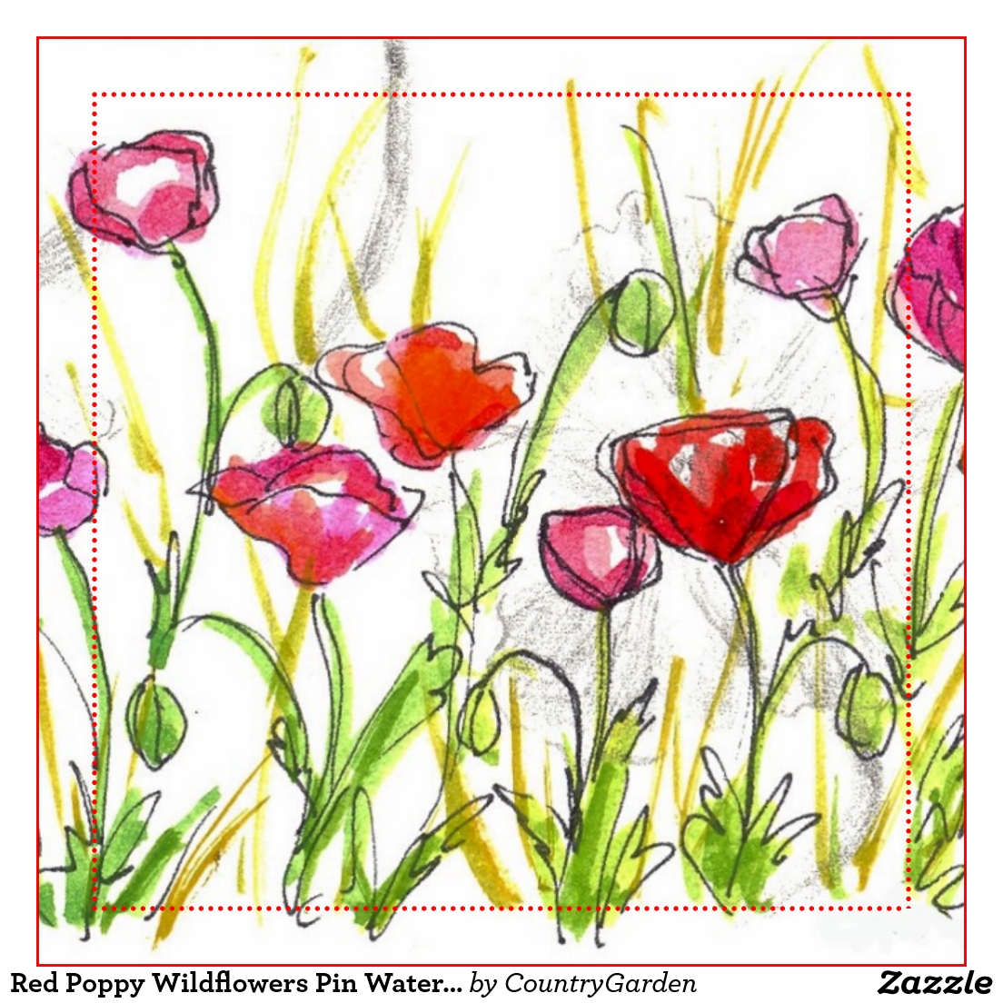 1104x1104 Red Poppy Watercolor Wildflowers Painting Pinback Button