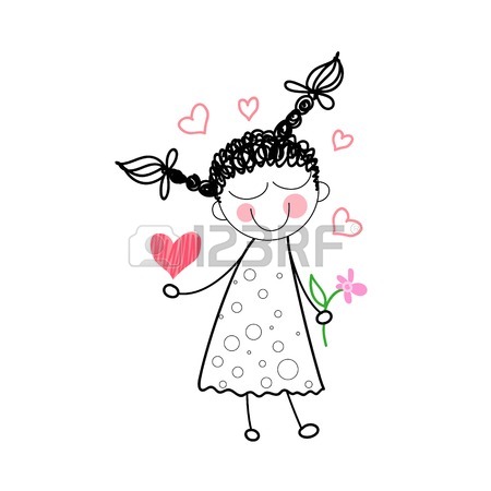 450x450 Girl Holding Flower Red Heart Shape Love Drawing Simple Line