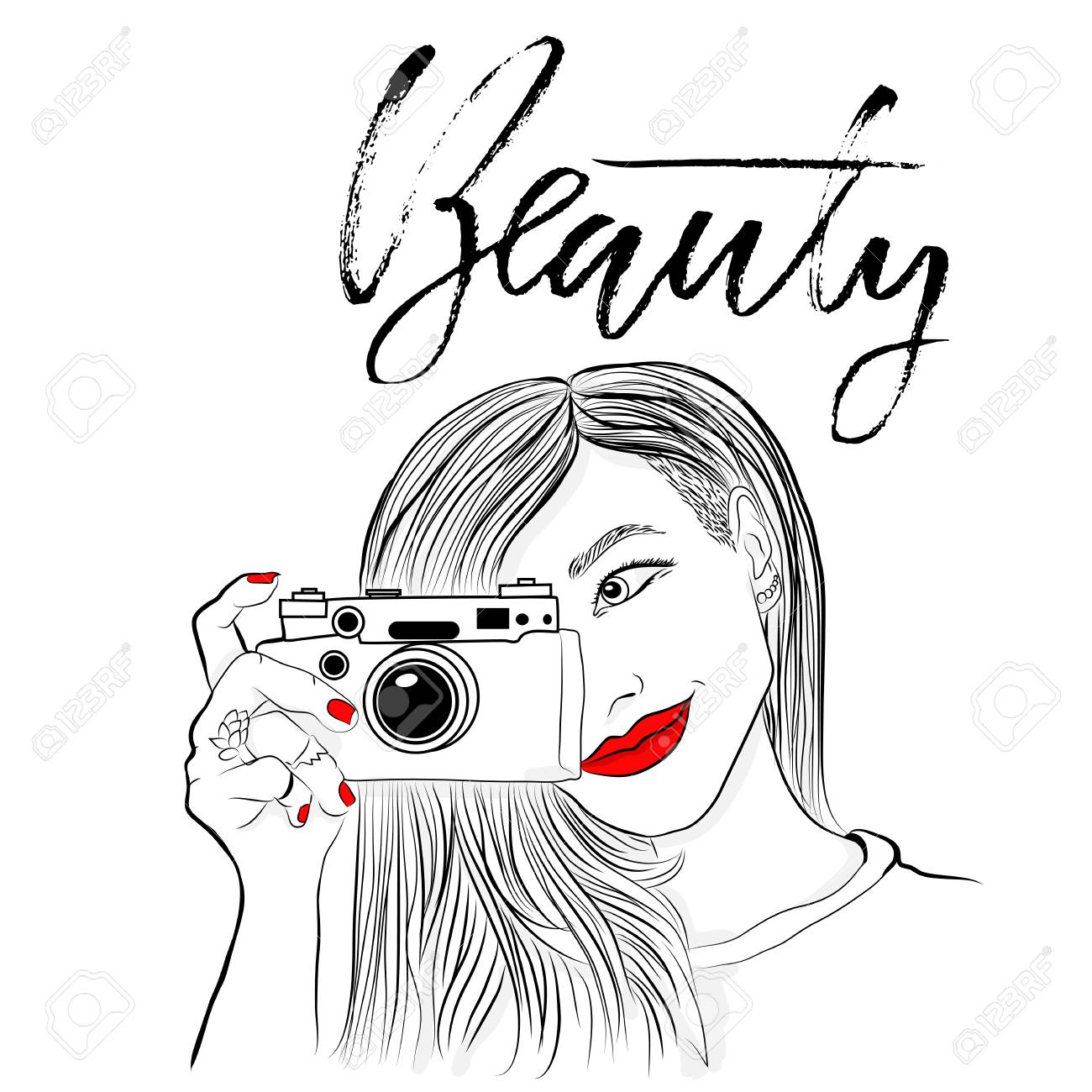 1300x1300 Monochrome Vector Illustration. Beautiful Girl With Red Lips