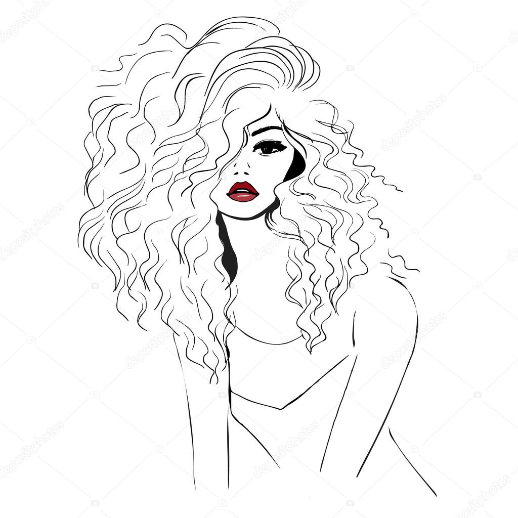 1024x1024 Sketch Of Model With Red Lips Stock Vector Aliona3333