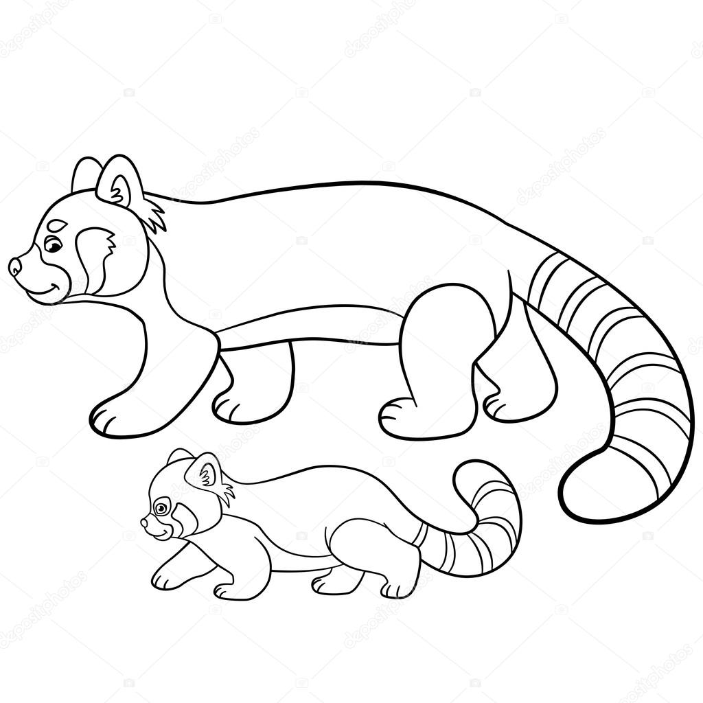 1024x1024 Coloring Pages. Mother Red Panda Walks With Her Baby. Stock
