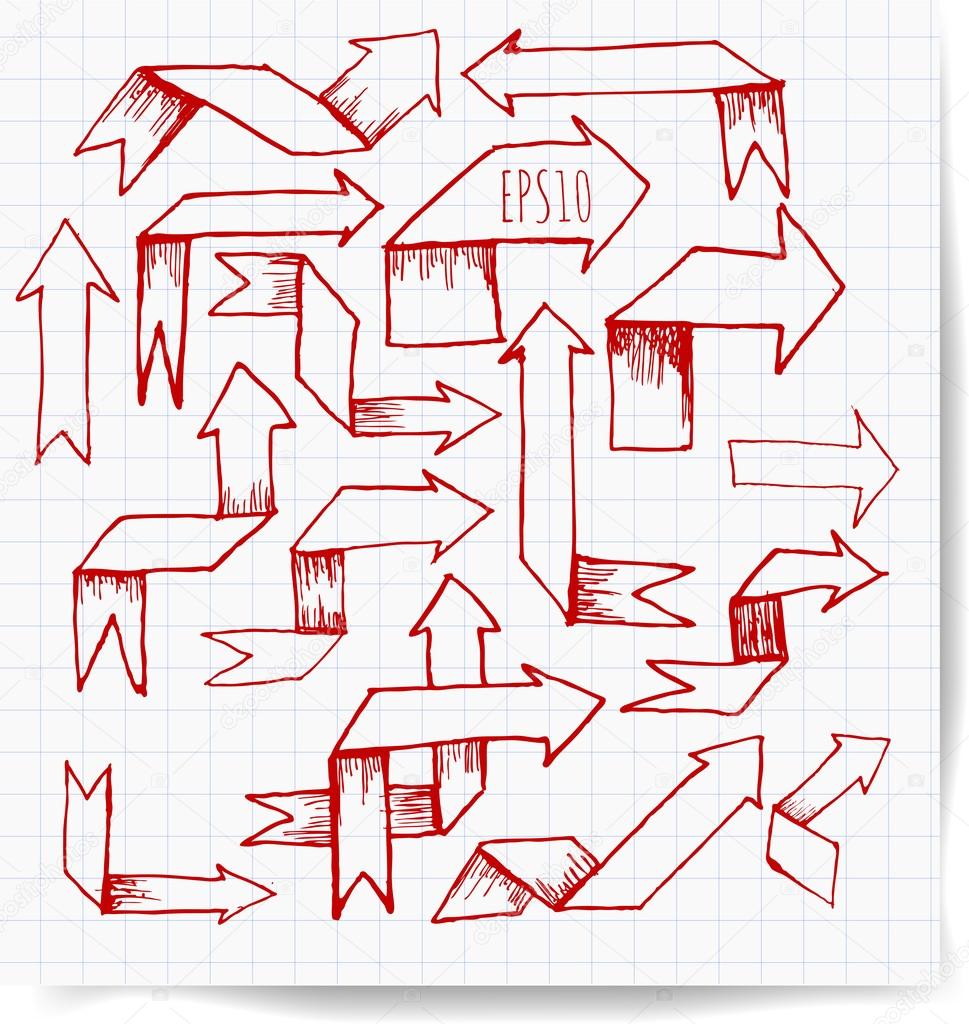 969x1024 Origami Red Pen Sketch Arrow Collection. Stock Vector