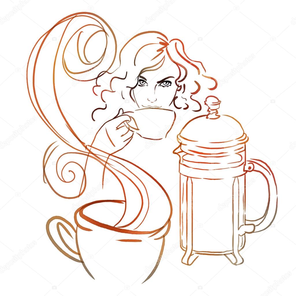 1024x1024 Girl Drinking Morning Coffee Or Tea. Stock Vector Vgorbash