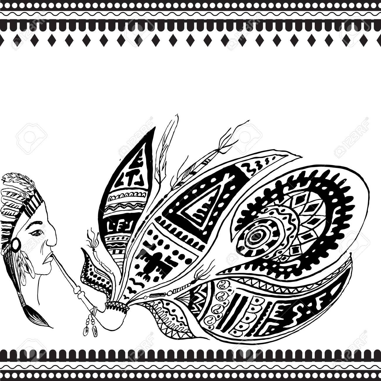 1300x1300 Vector Illustration. Indian Motifs (Redskin Man). Freehand Sketch