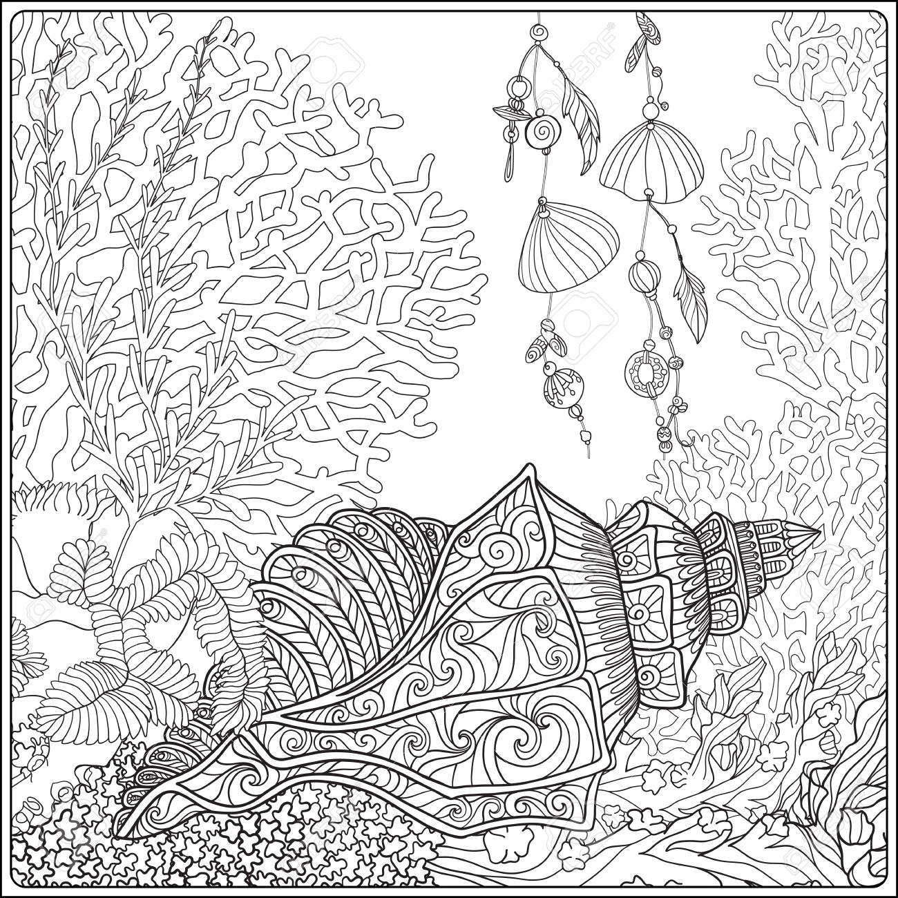 1300x1300 Coral Reef Collection. Corals, Fish And Sea Shells On Bottom