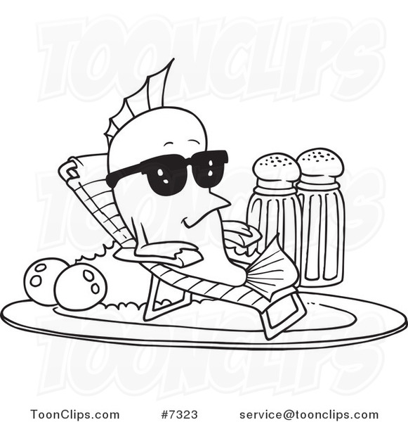581x600 Cartoon Black And White Line Drawing Of A Fish Relaxing On A Plate