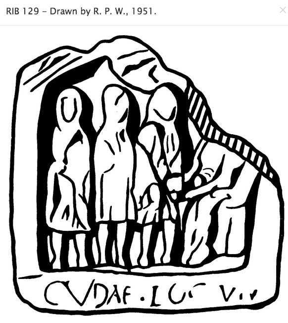 582x652 Drawing Of A Relief Of The Three Genii Cucullati (Hooded Deities