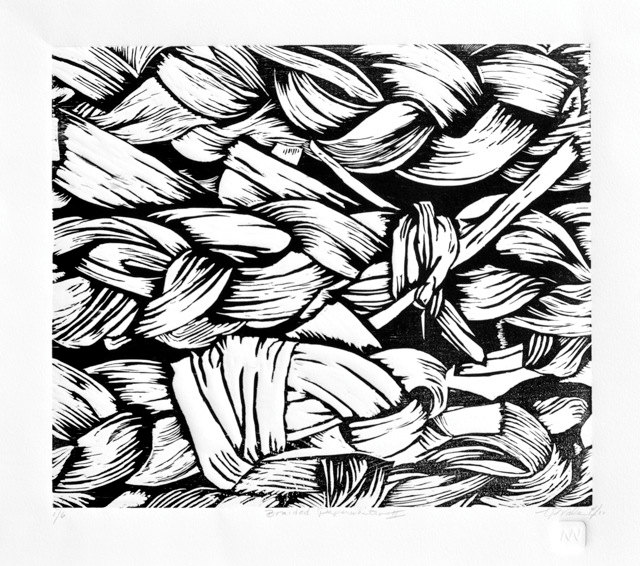 640x566 Woodblock Relief Print, 13x11 Braided Paperwhites Ii Black Amp White