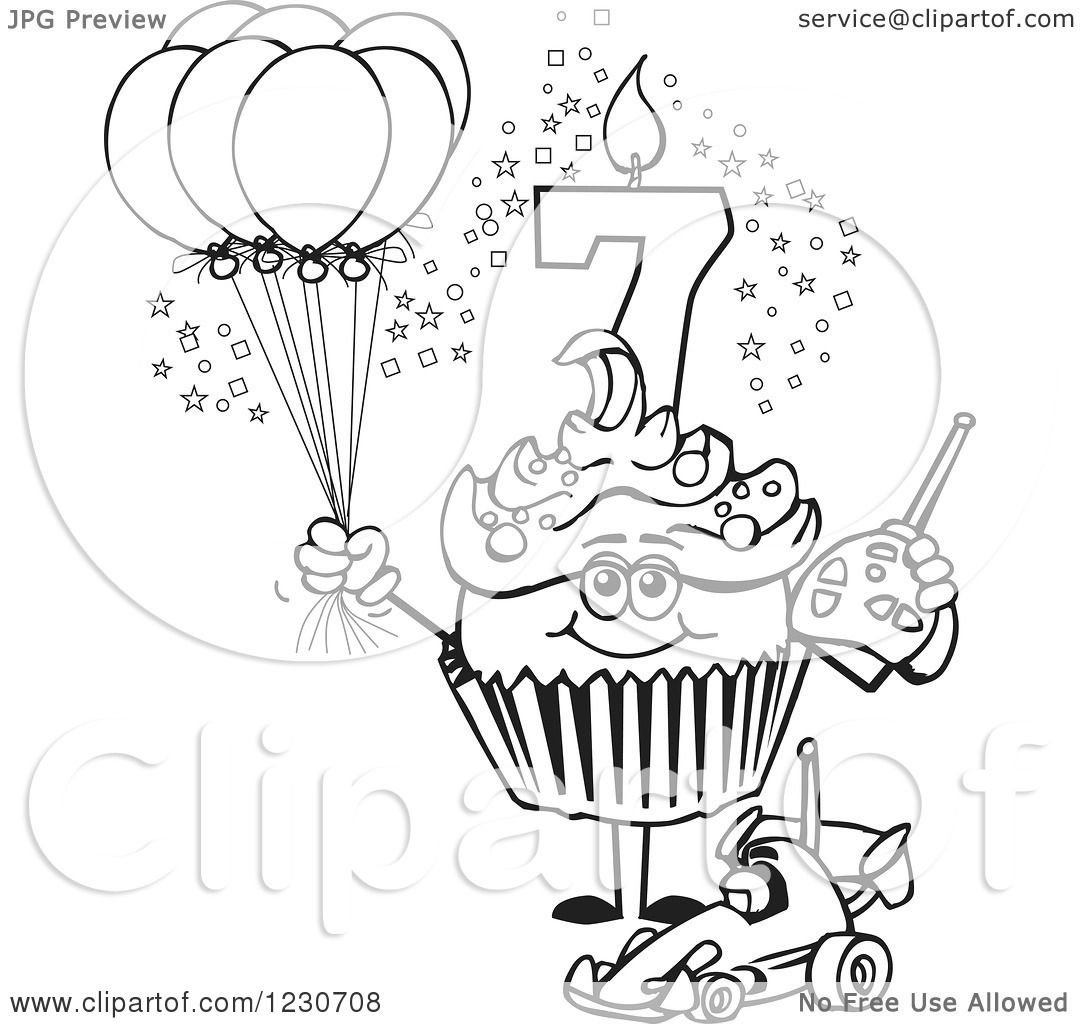 1080x1024 Clipart Of A Line Art Boys Seventh Birthday Cupcake With A Remote