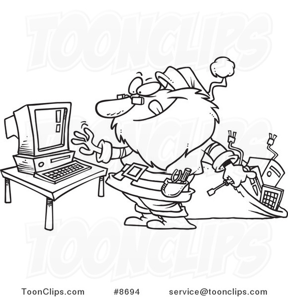 581x600 Cartoon Black And White Line Drawing Of A Computer Repair Santa