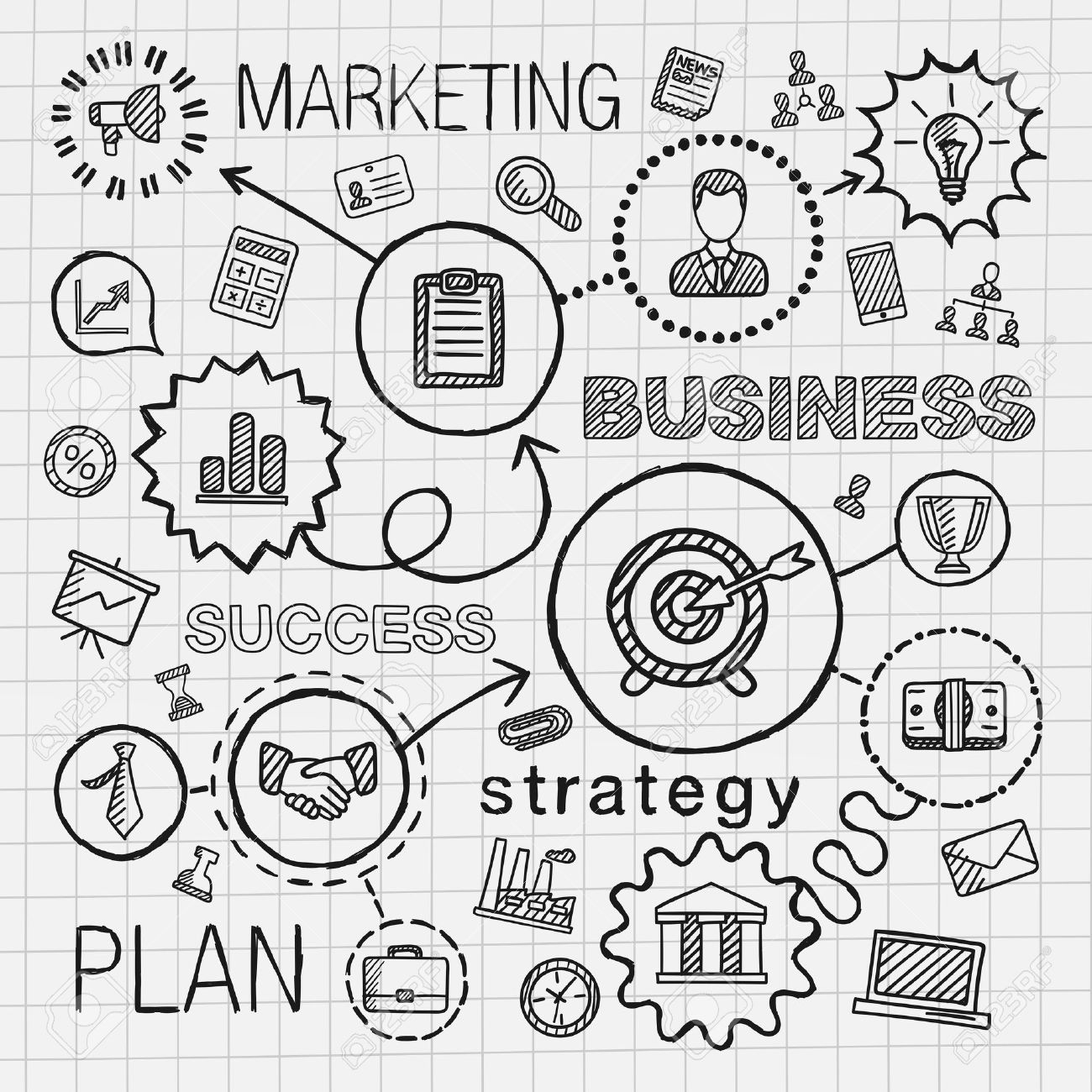 1300x1300 Business Connected Hand Draw Icons. Vector Sketch Infographic