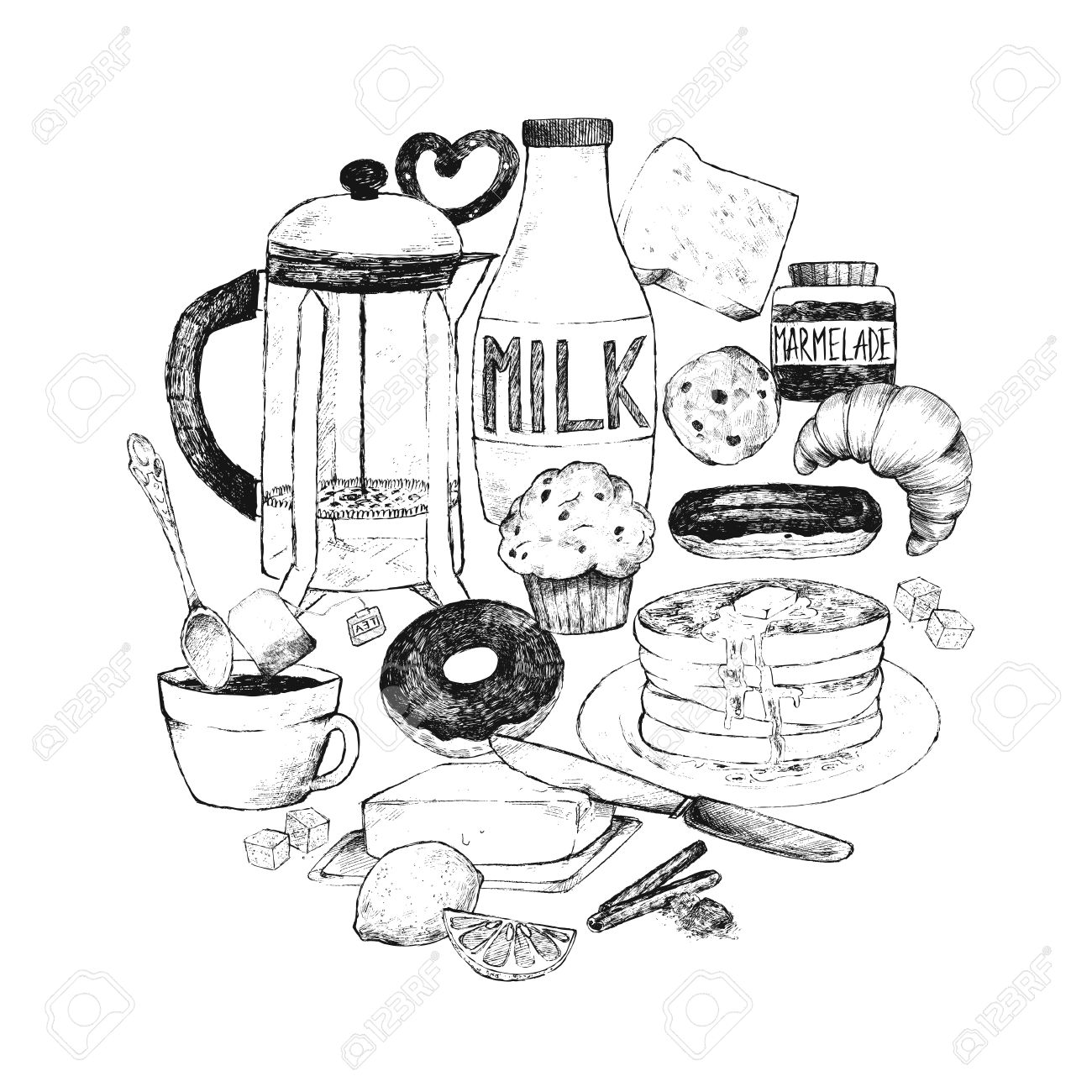1300x1300 A Set Of Dishes And Food For Breakfast. Vector Illustration