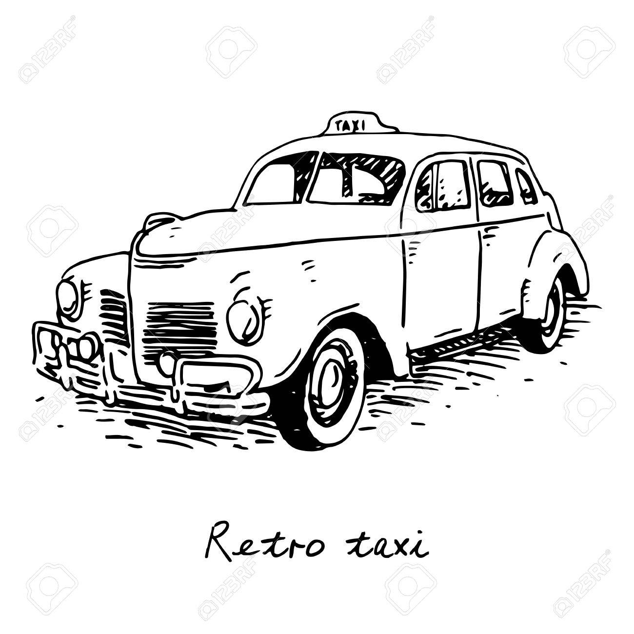 1300x1300 Retro Taxi. Vintage Transport. Old Times. Vector Hand Drawn Sketch