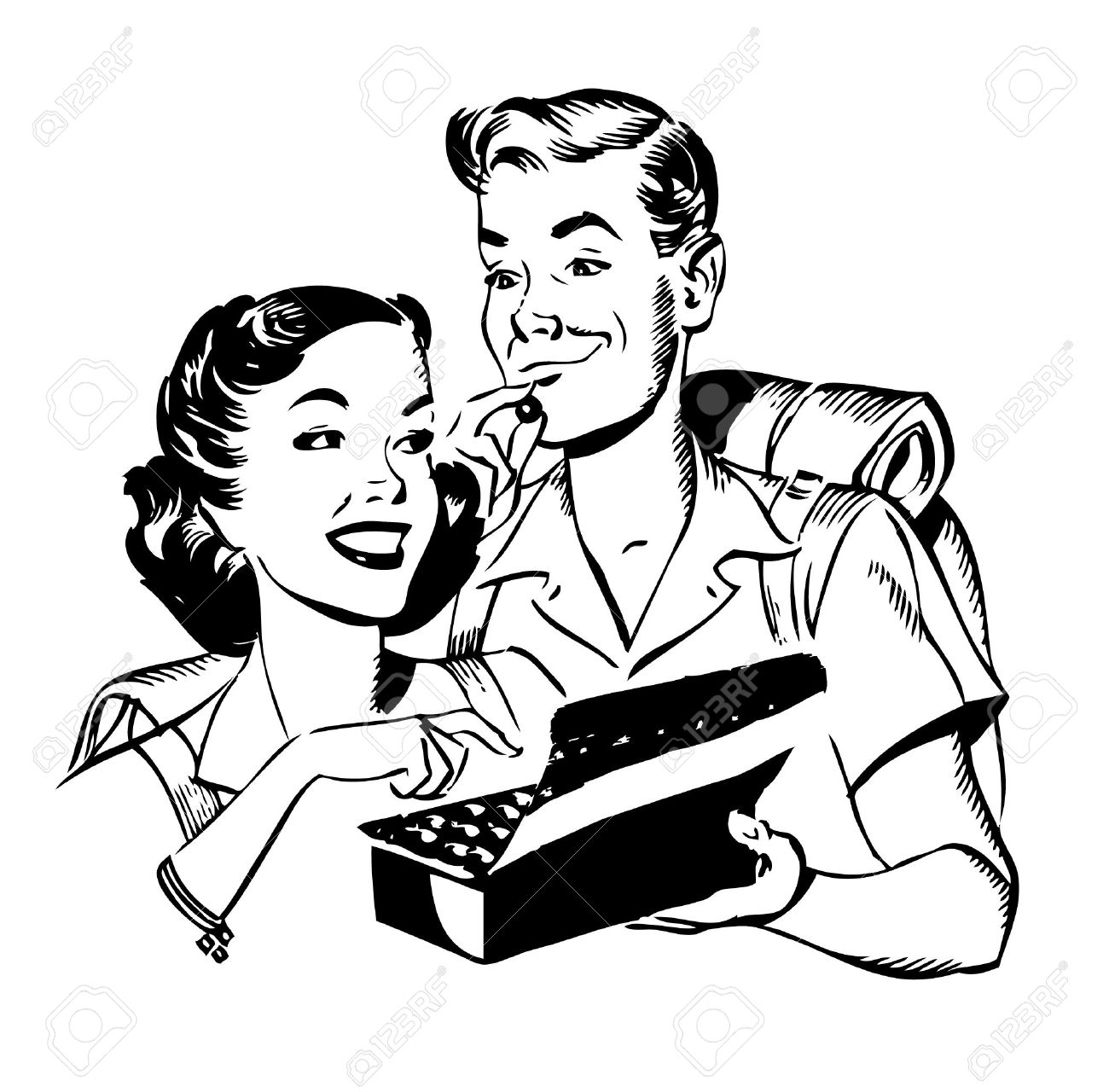 1300x1280 4515627 Fifties Couple Sharing Chocolates Stock Vector Retro