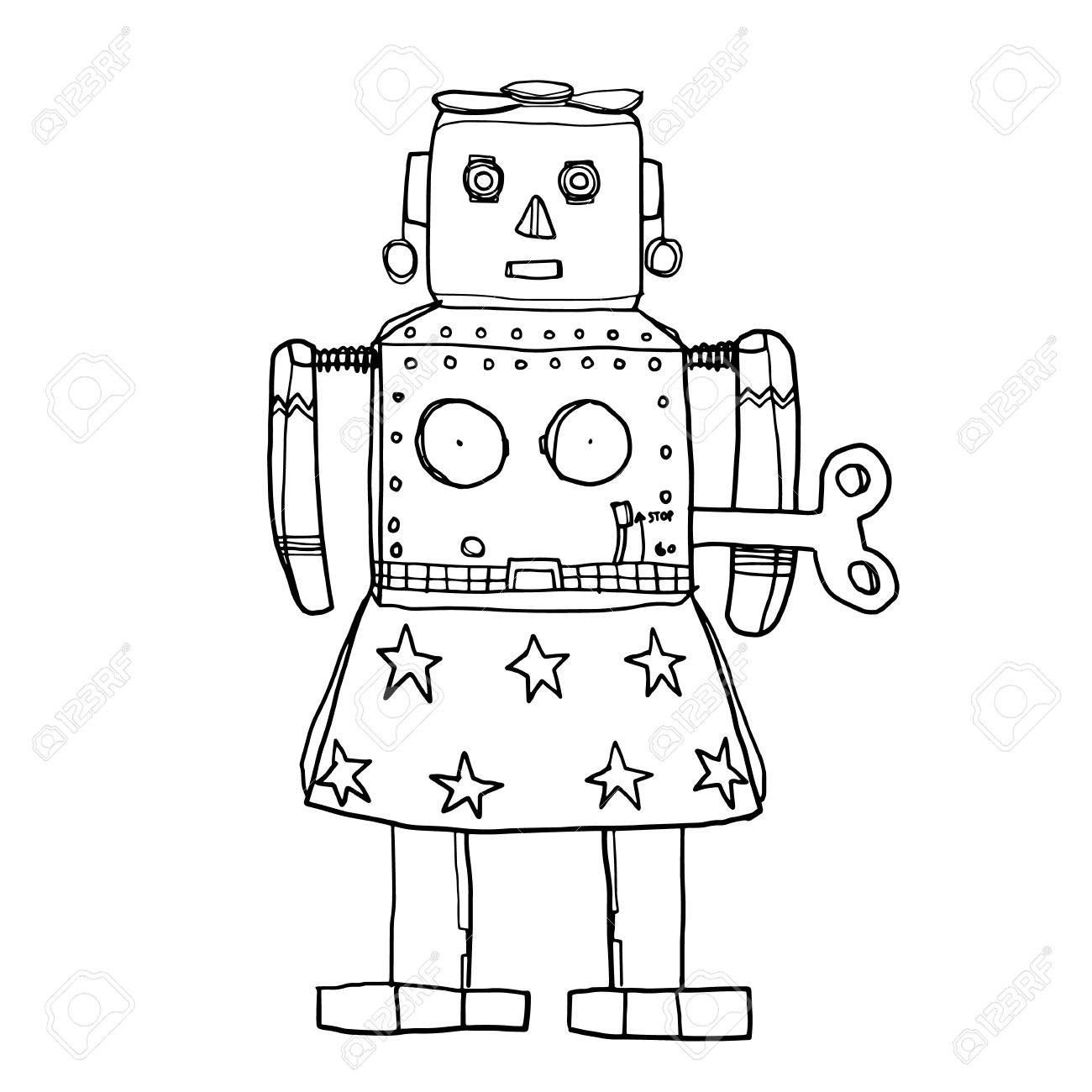 1300x1300 Vector Venus Robot Retrotin Toy Hand Drawn Cute Line Art