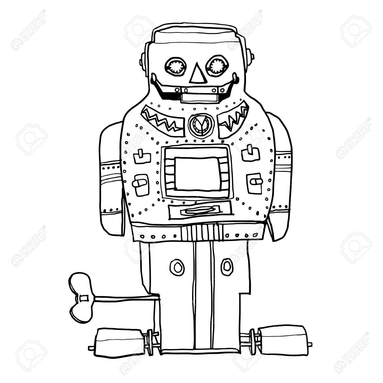 1300x1300 Vector Vintage Robot Toy Sparky Robot Hand Drawn Line Art Cute